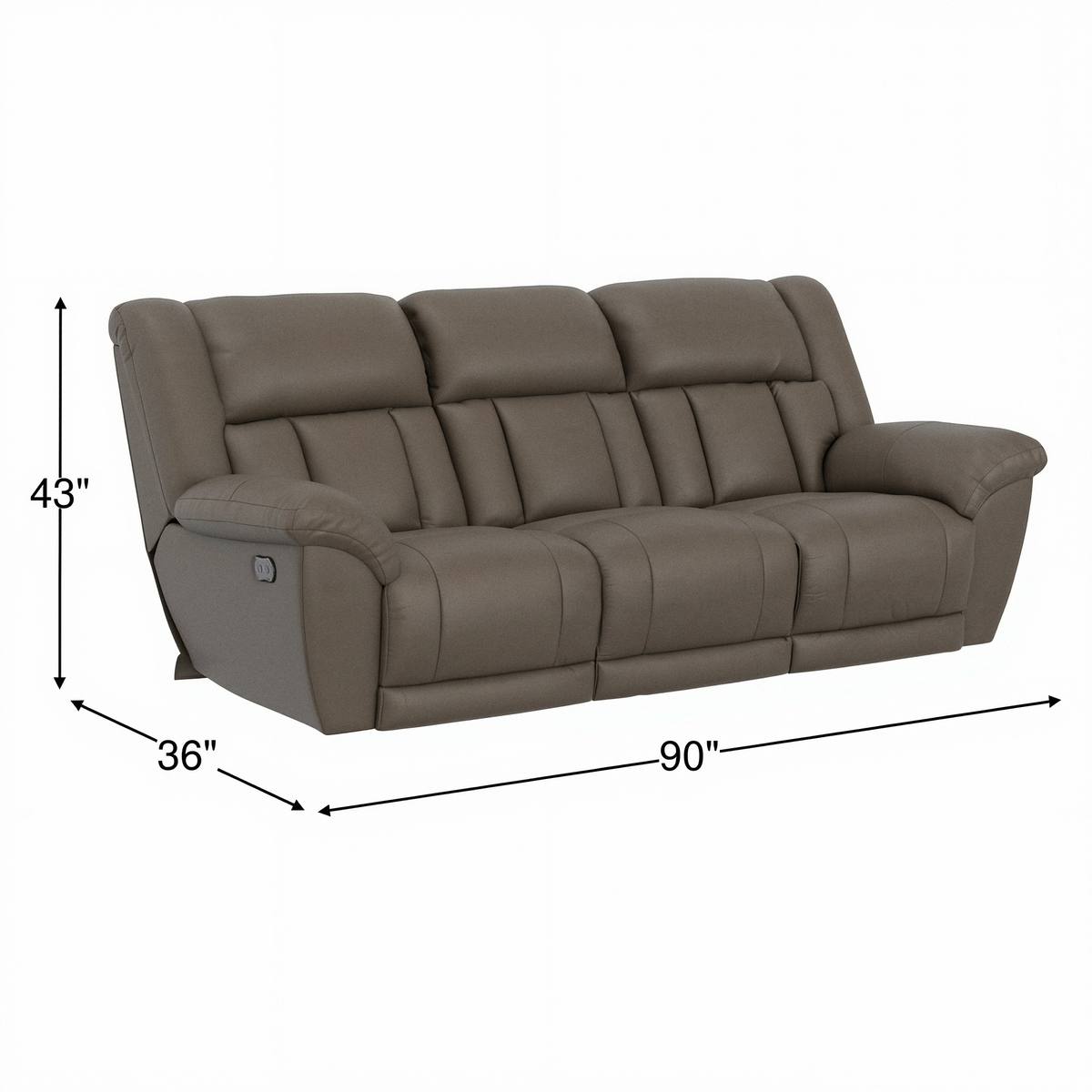 Taupe power reclining sofa with padded back, multiple sections, and armrest controls.