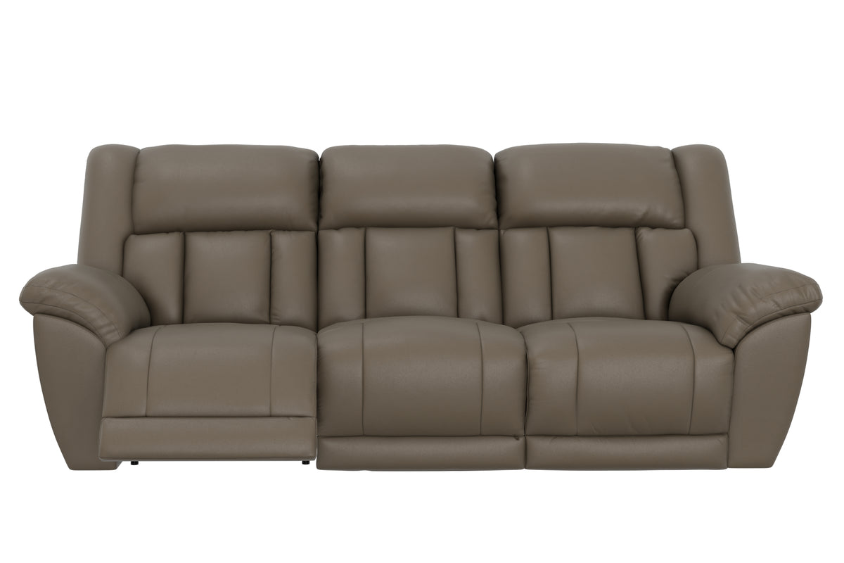 Power reclining sofa with three seat sections and padded headrests