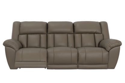 Power reclining sofa with three seat sections and padded headrests