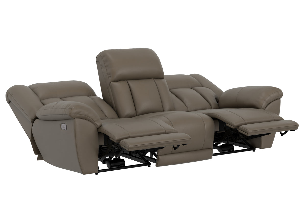 Power reclining sofa with footrests extended and cushioned headrests