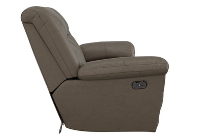 Power reclining sofa in dark smoke fabric with pillow-top arms and control panel.