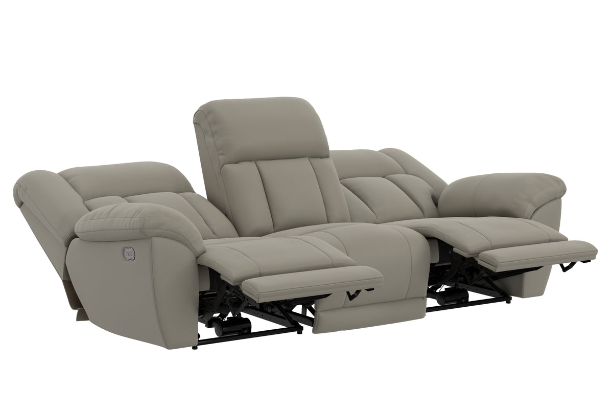 Taupe reclining sofa with seats extended; visible power mechanism under the base.