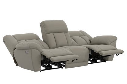 Taupe reclining sofa with seats extended; visible power mechanism under the base.