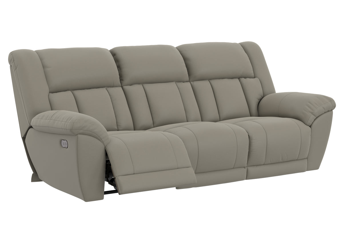 Taupe power reclining sofa showing segmented back cushions and armrest recline panel.