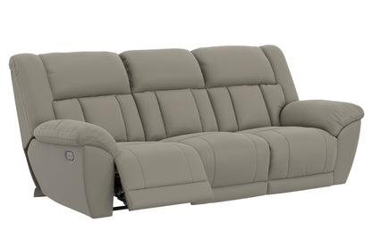 Taupe power reclining sofa showing segmented back cushions and armrest recline panel.