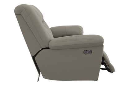 Smoke power reclining sofa with wide track arms and built-in side control panel.