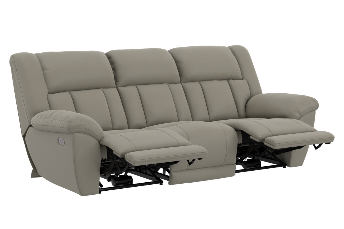 Taupe power reclining sofa with footrest extended and recline mechanism visible underneath.
