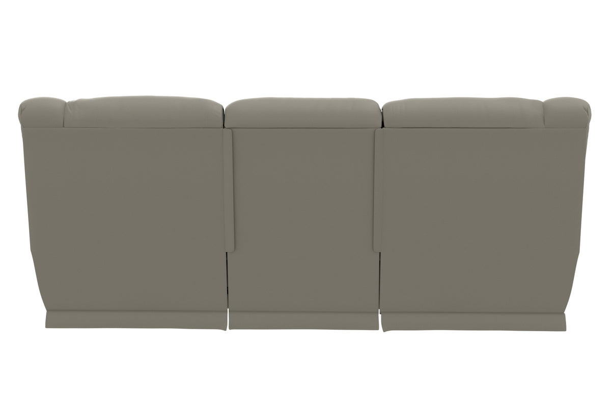 Taupe reclining sofa from the back view with three separated backrest panels.