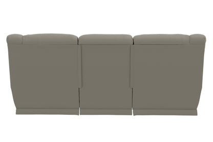 Taupe reclining sofa from the back view with three separated backrest panels.