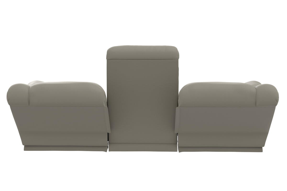 Taupe reclining sofa front view with three cushioned seat sections and tall center back.
