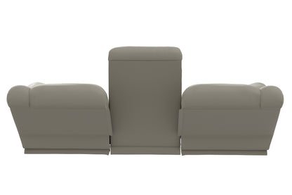 Taupe reclining sofa front view with three cushioned seat sections and tall center back.