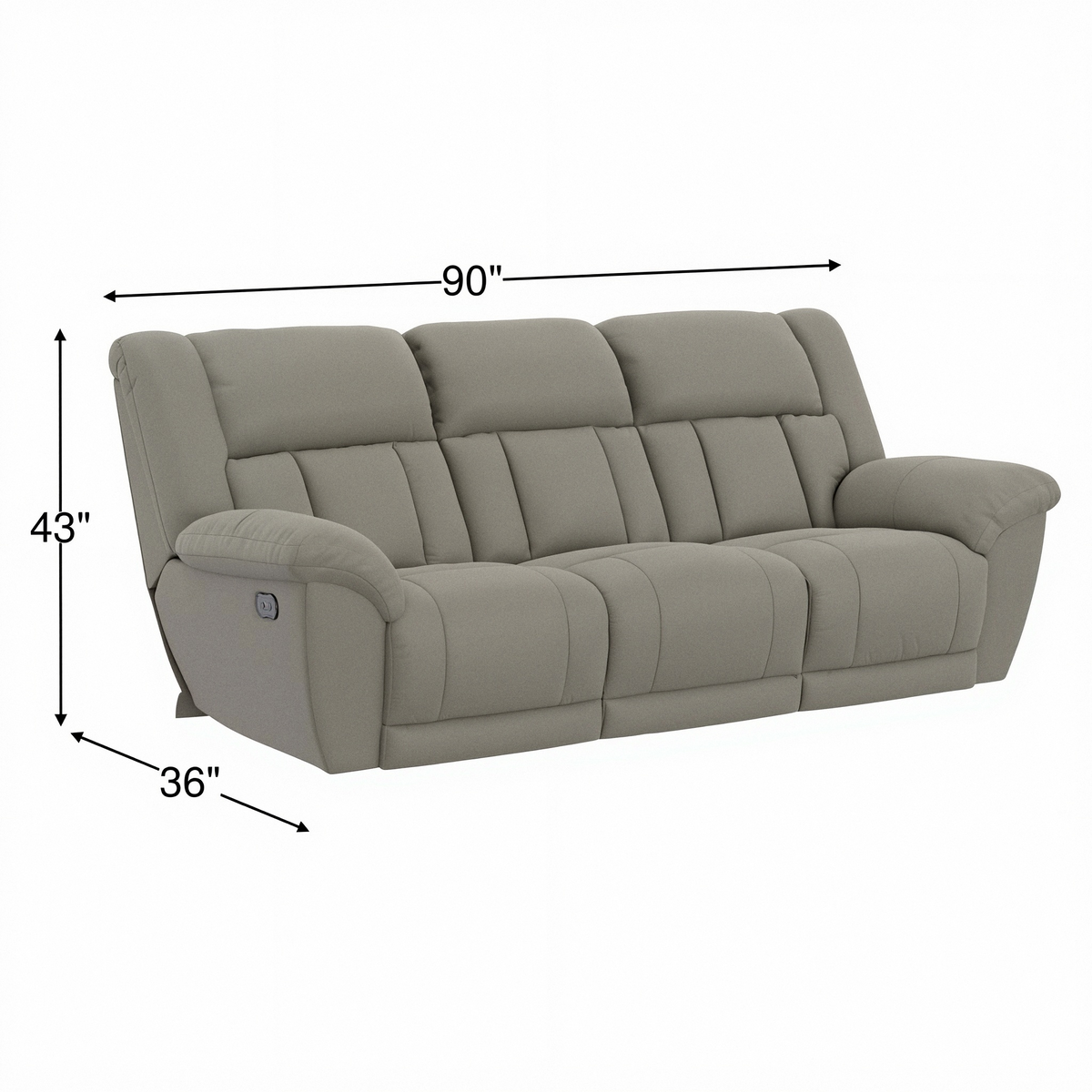 Reclining sofa with padded arms, sectional cushions, and size measurement overlay