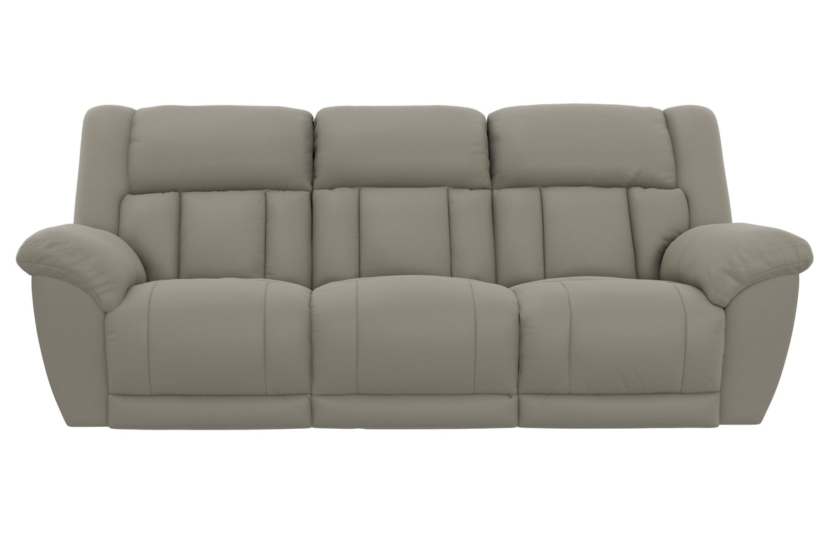 Taupe power reclining sofa with plush seat cushions and three-part backrest.