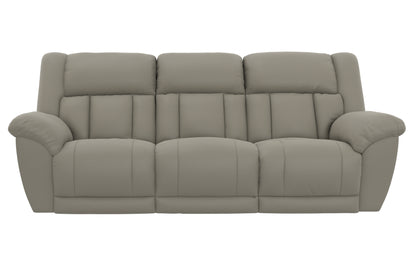 Taupe power reclining sofa with plush seat cushions and three-part backrest.