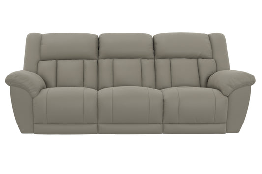 Taupe power reclining sofa with plush seat cushions and three-part backrest.