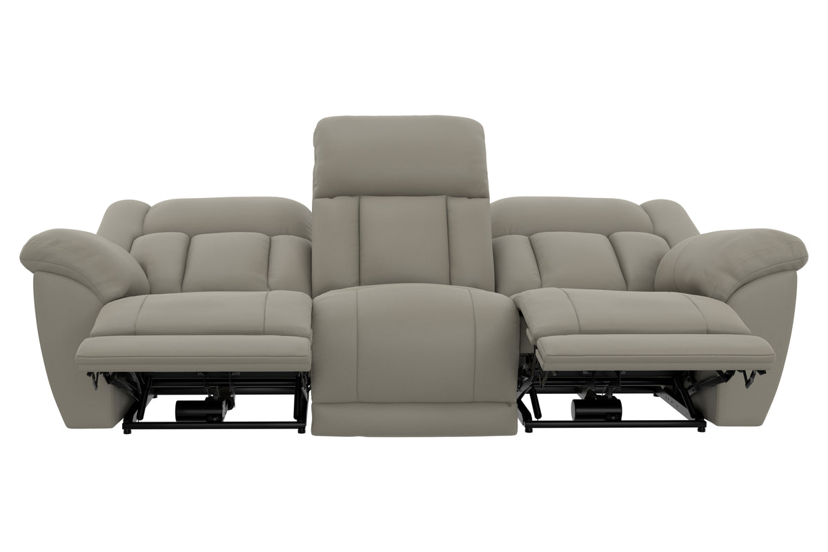 Taupe power reclining sofa with mechanism exposed under reclined seat supports.