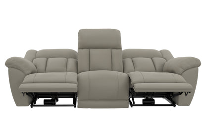 Taupe power reclining sofa with mechanism exposed under reclined seat supports.