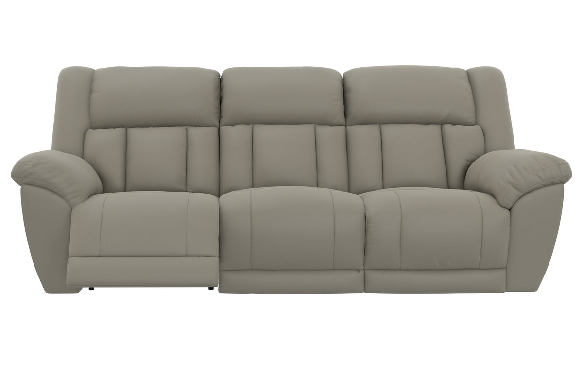Taupe power reclining sofa front view with padded arms and three seat cushions.