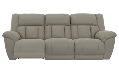 Taupe power reclining sofa front view with padded arms and three seat cushions.