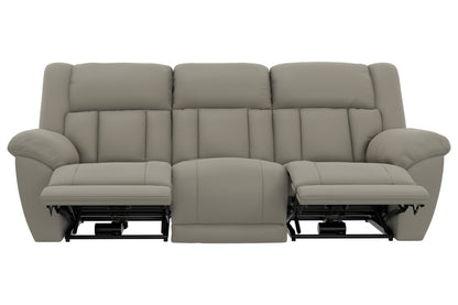 Taupe power reclining sofa front view with two side armrests and central back cushions.