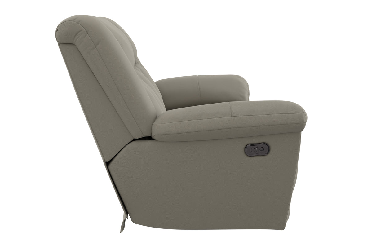 Taupe power reclining sofa with padded armrest and smooth recline seat, side view.