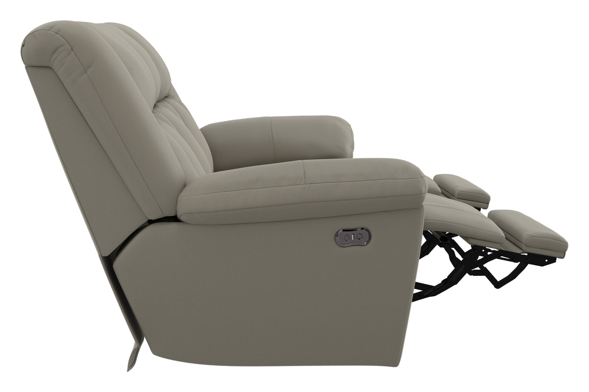 Taupe power reclining sofa with rounded headrest and extended footrest, angled side view.