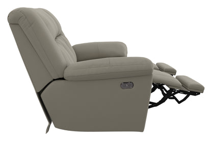 Taupe power reclining sofa with rounded headrest and extended footrest, angled side view.