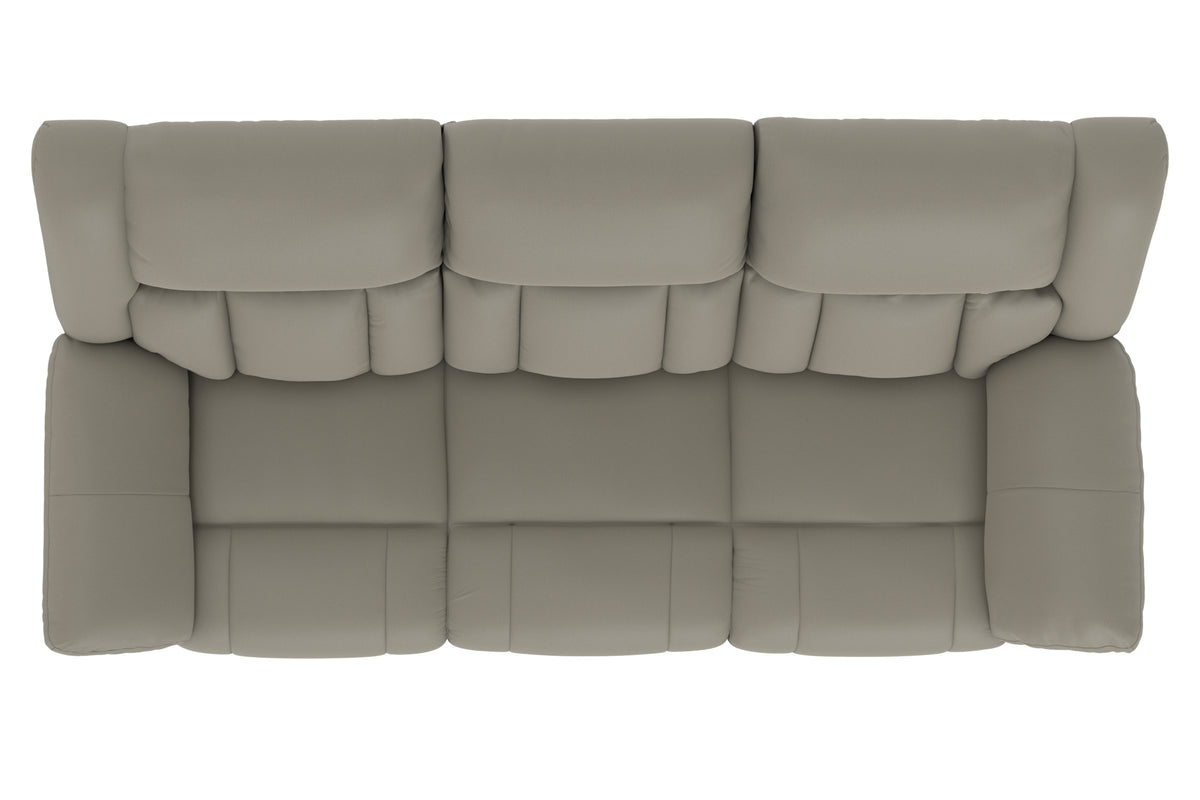 Taupe power reclining sofa backrest with segmented, quilted cushion panels.