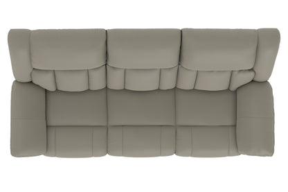 Taupe power reclining sofa backrest with segmented, quilted cushion panels.
