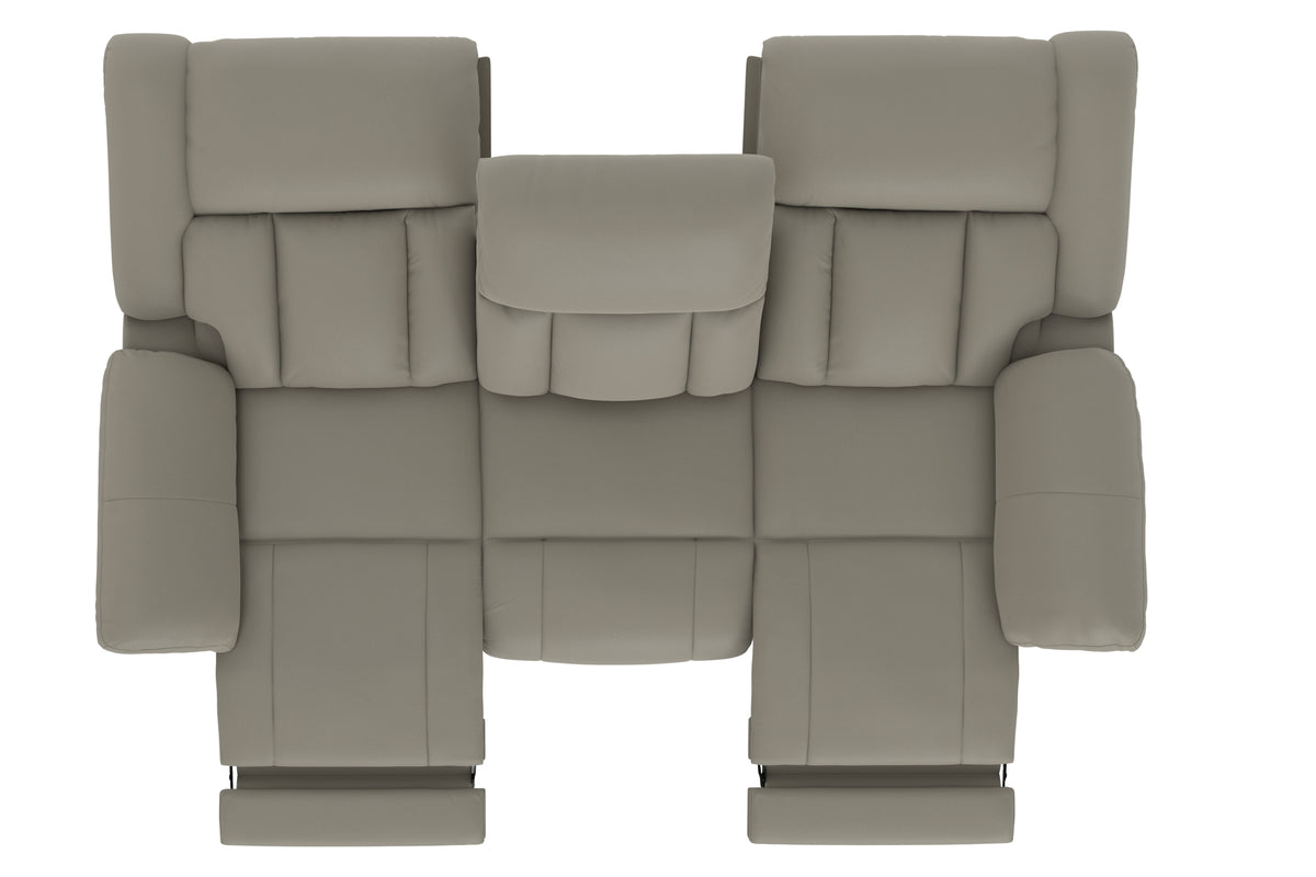 Taupe power reclining sofa front view with padded headrest and reclining base platforms.