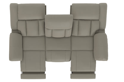 Taupe power reclining sofa front view with padded headrest and reclining base platforms.