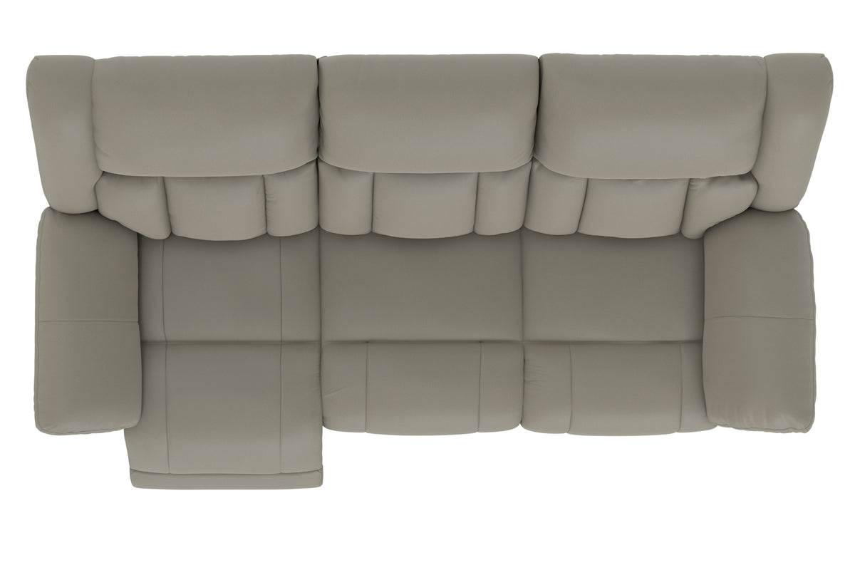 Taupe power reclining sofa back view with deep segmented upholstery and side bolsters.