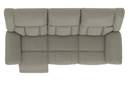 Taupe power reclining sofa back view with deep segmented upholstery and side bolsters.