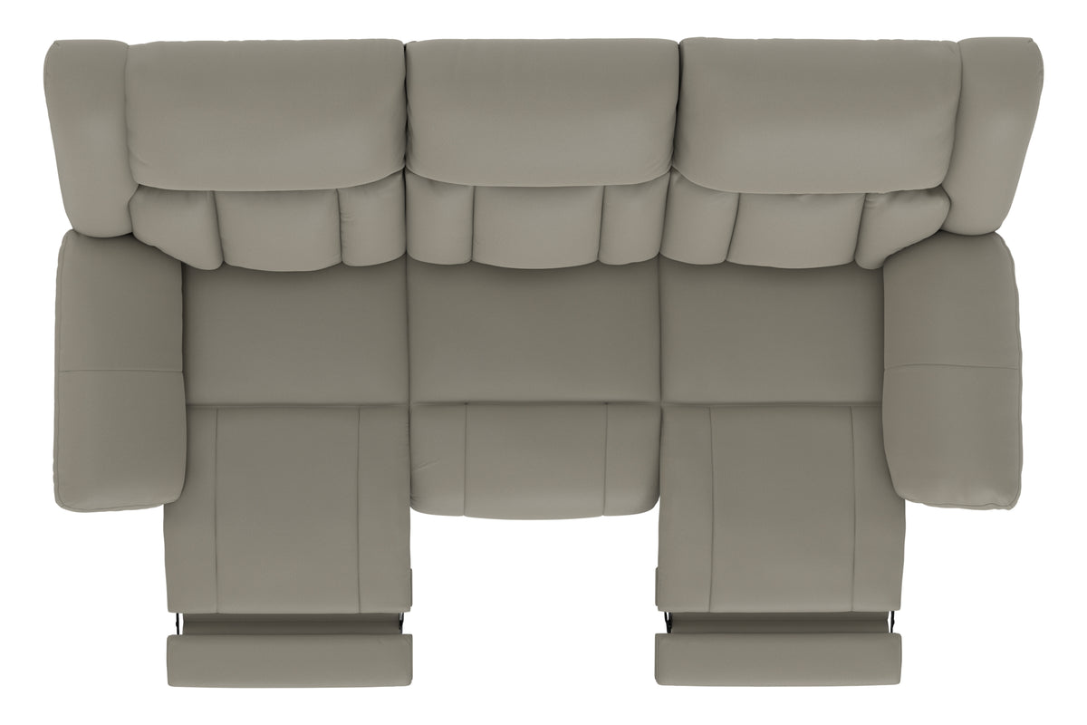 Taupe power reclining sofa front view with segmented backrest cushions and extended legs.