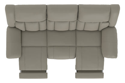 Taupe power reclining sofa front view with segmented backrest cushions and extended legs.