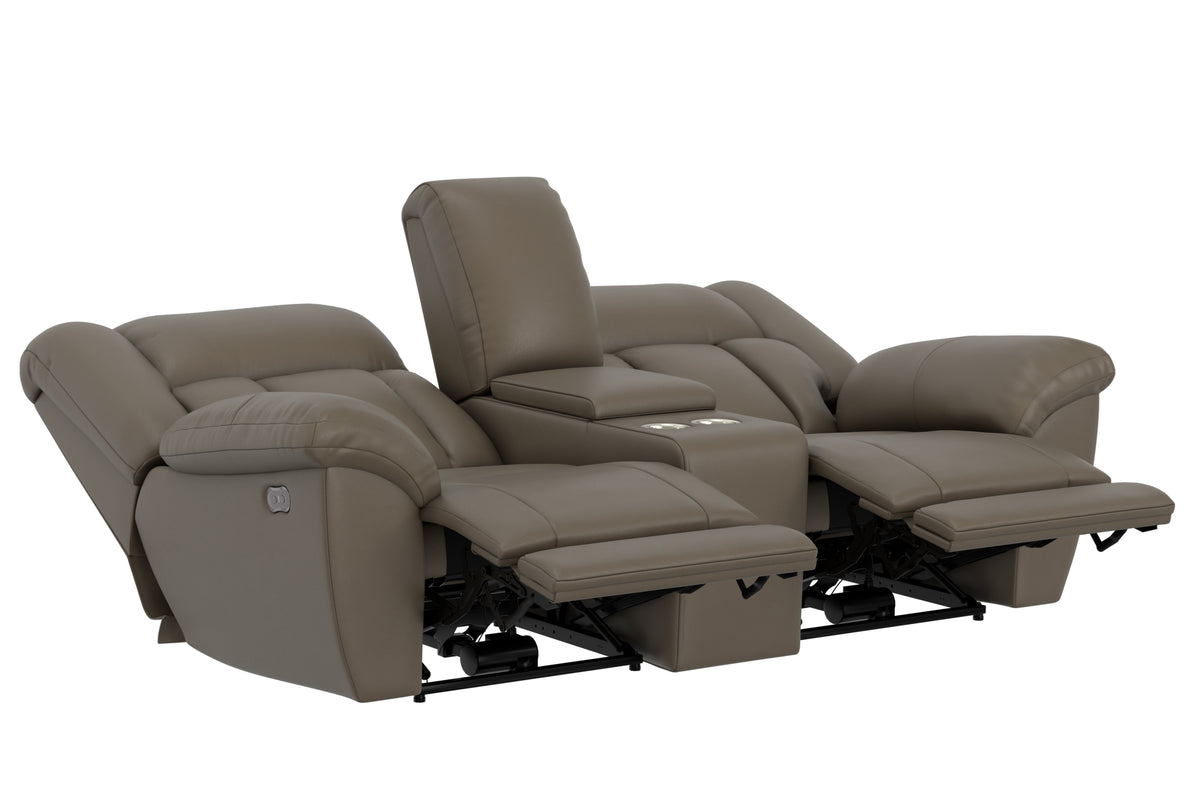 Taupe power reclining console loveseat with two reclined seats and arm pads.
