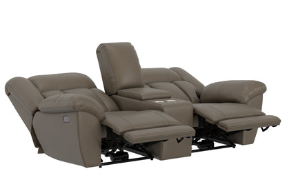 Taupe power reclining console loveseat with two reclined seats and arm pads.