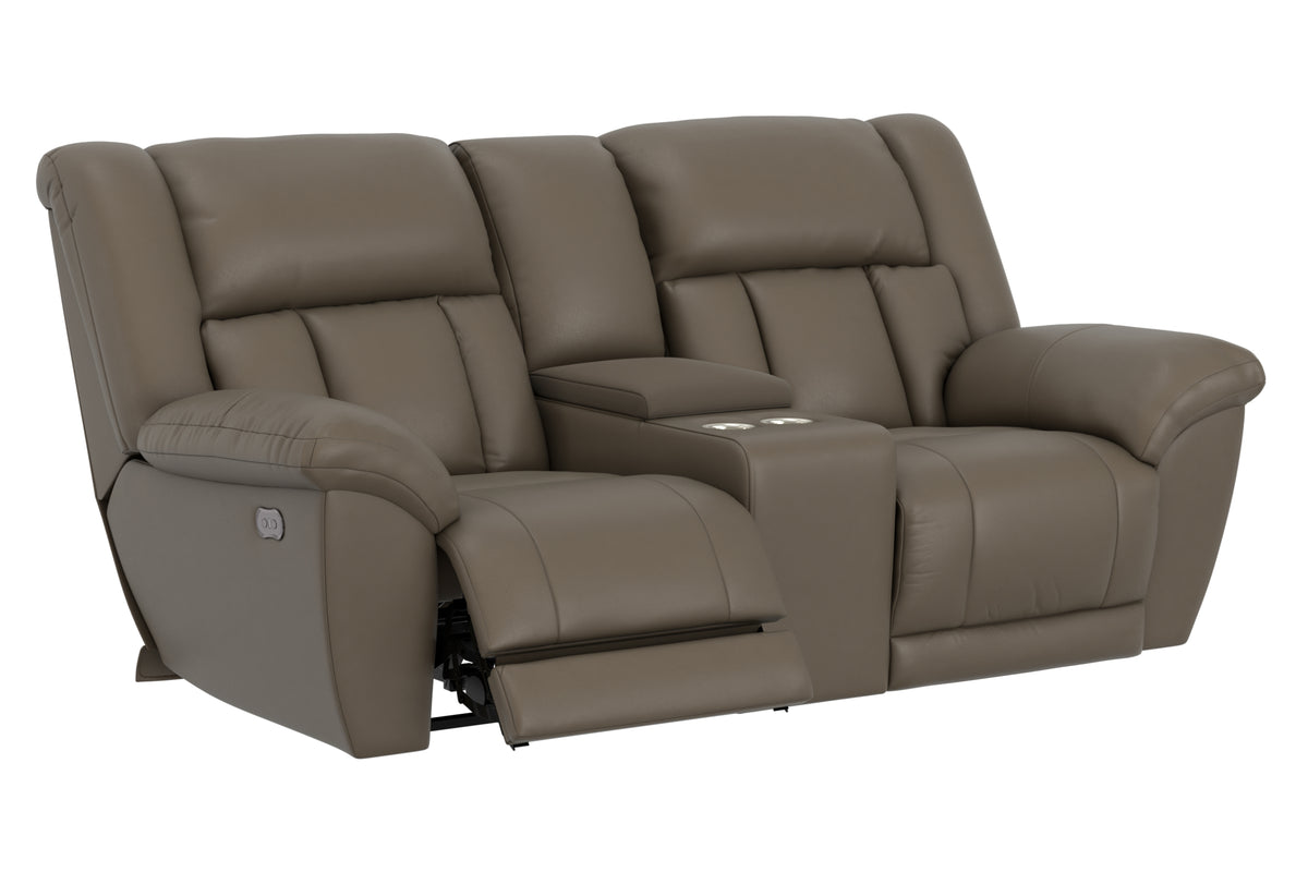 Taupe power reclining console loveseat side view with footrest extended and console detail.