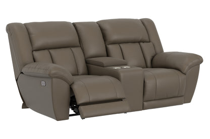 Taupe power reclining console loveseat side view with footrest extended and console detail.
