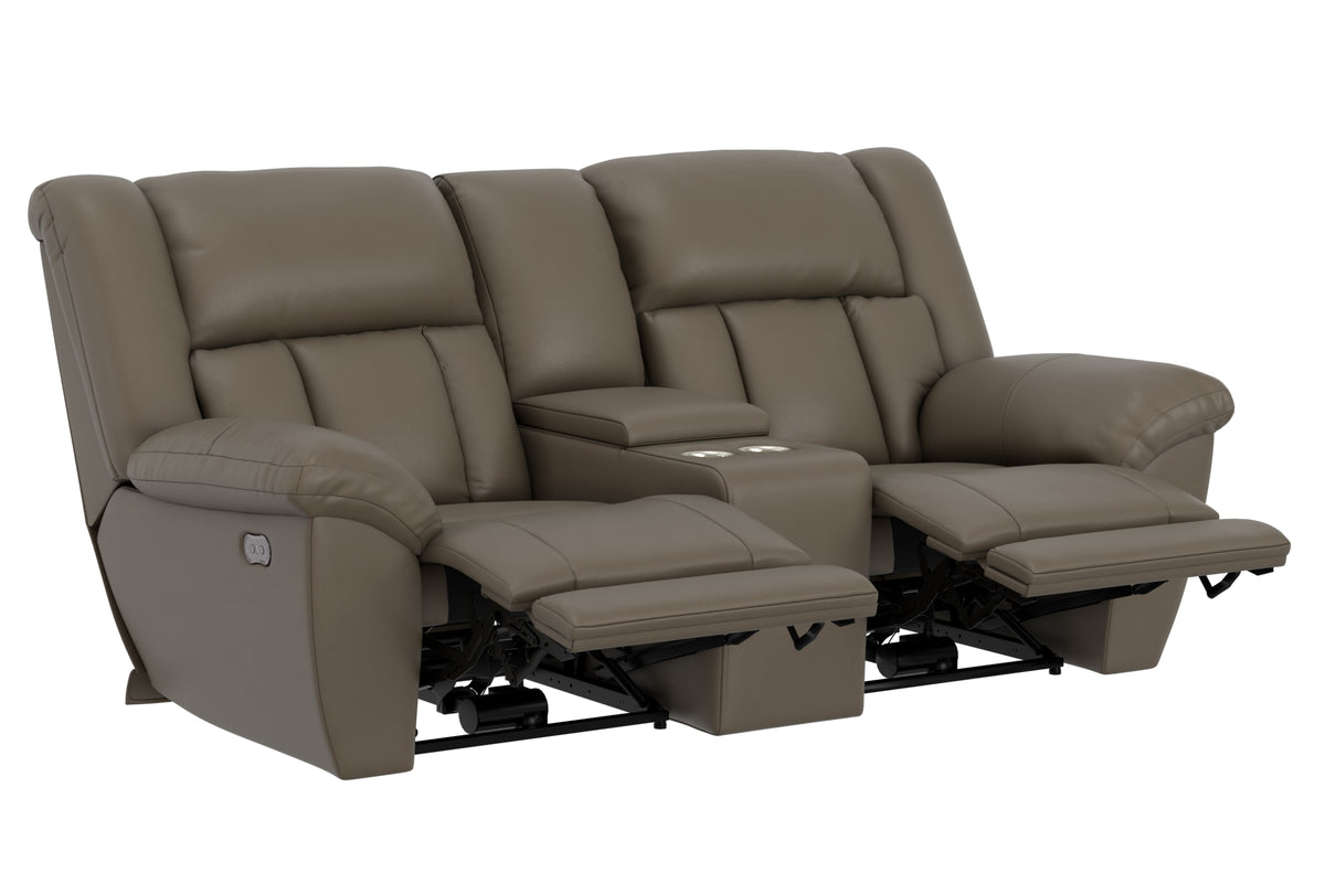 Power reclining loveseat with console, taupe upholstery and split back cushions.