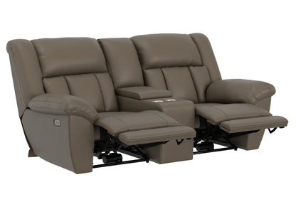Power reclining loveseat with console, taupe upholstery and split back cushions.