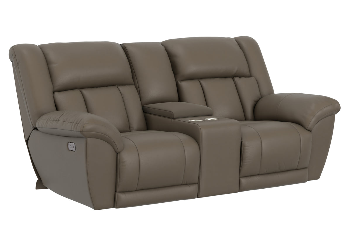 Taupe power reclining console loveseat angled view with padded back and console armrests.