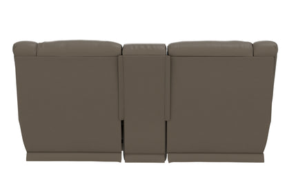 Taupe power reclining console loveseat back view with three-section seat-back panels.