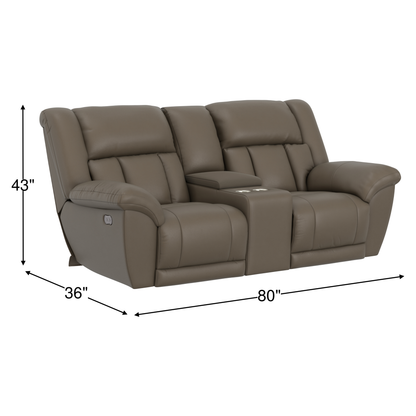 Taupe power reclining console loveseat dimensions view with arm console detail.