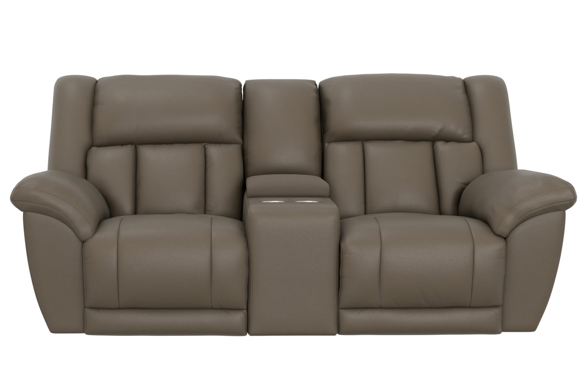 Taupe power reclining console loveseat front view with headrests and center console.