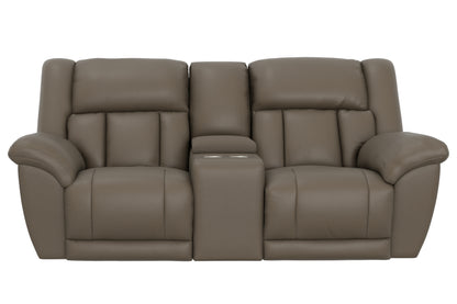 Taupe power reclining console loveseat front view with headrests and center console.