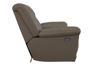 Taupe power reclining console loveseat side view showing power control panel on arm.