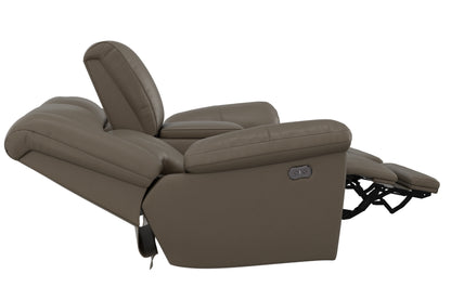 Taupe power reclining loveseat with console and extended footrest in recline position.