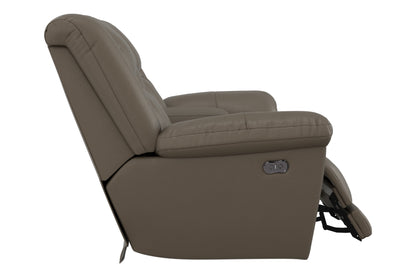 Taupe power reclining console loveseat reclined side view with visible arm power controls.