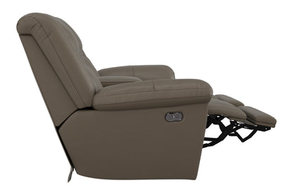 Taupe power recliner loveseat seat with console control panel on the armrest.